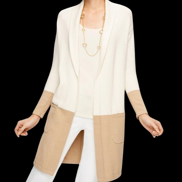 TALBOTS Shawl Collar Colorblock Cream and Tan Knit Open Cardigan/Duster - Picture 2 of 14